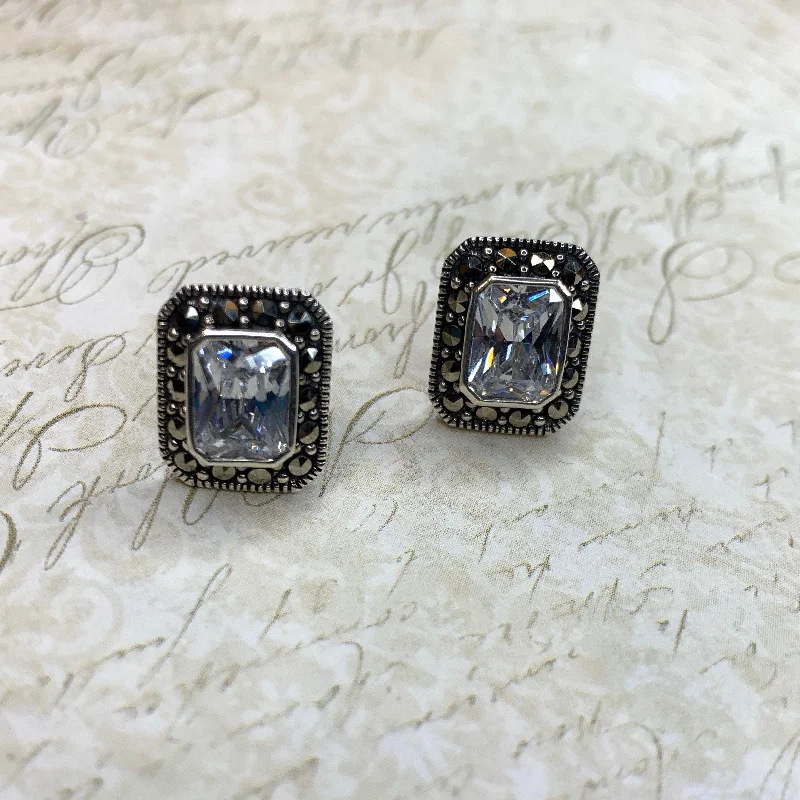 Ladies Earrings for Prom Glow-Silver Marcasite Clear Crystal  Earrings Square Studs Diamante