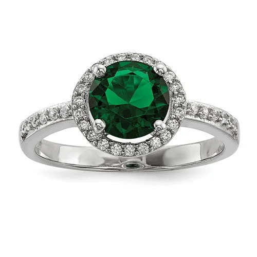 Ladies Rings for Summer Spark-Sterling Silver White & Green CZ Brilliant Embers Halo Ring