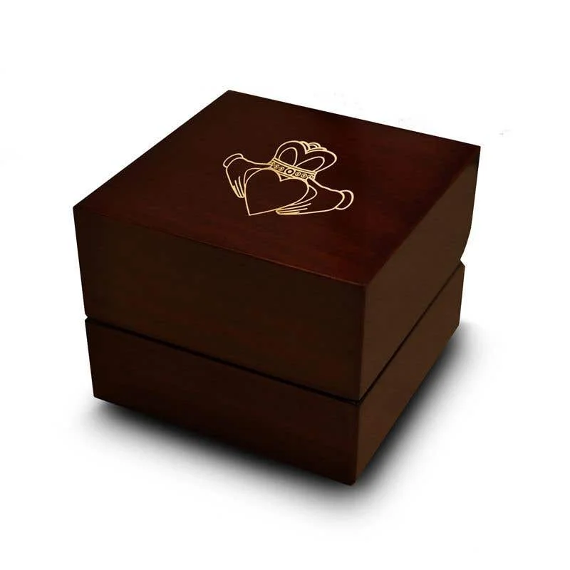 Ladies Engagement Rings Thin Shine-Crowned Heart Shaped Symbol Engraved Wood Ring Box Chocolate Dark Wood Personalized Wooden Wedding Ring Box