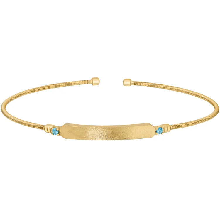 Ladies zen peace bracelets -Gold Finish Silver Cable Cuff Bracelet with Name Plate and Simulated Aquamarine Birth Gems - March