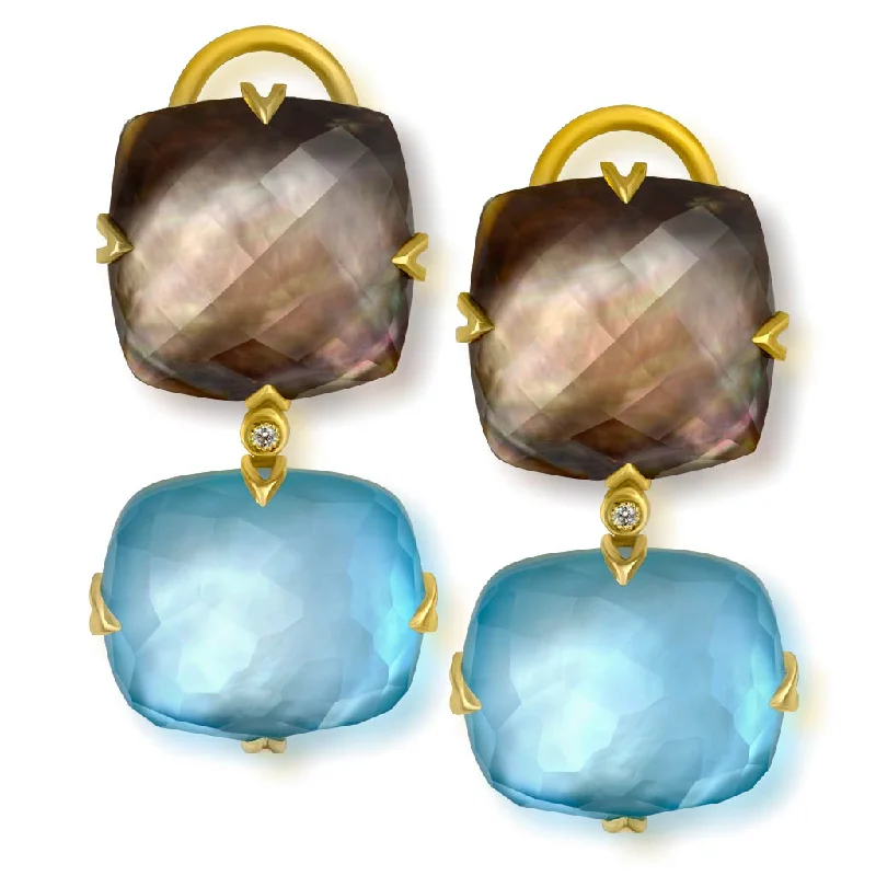 Ladies Earrings Luxe Glow-Gold Denim Drop Earrings with Mother Of Pearl & Diamonds