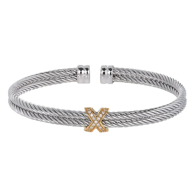 Ladies dazzling Swarovski bracelets -Rhodium Finish Sterling Silver Twisted Double Cable Cuff  Bracelet With a Gold Finish X with Simulated Diamonds