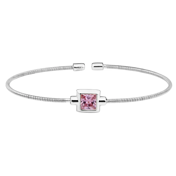 Ladies tactile texture bracelets -Rhodium Finish Sterling Silver Cable Cuff Bracelet with Princess Cut Simulated Pink Sapphire Birth Gem