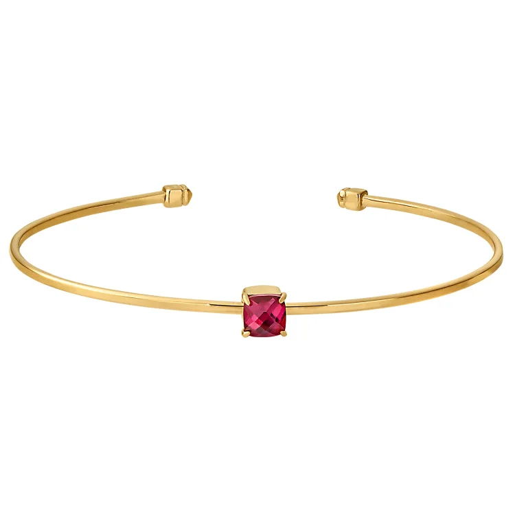 Ladies Celtic knot bracelets -Gold Finish Sterling Silver Pliable Cuff Bracelet with Faceted Cushion Cut Simulated Ruby Birth Gem - July