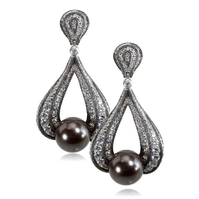 Ladies Earrings Fine Spark-Gold Twist Earrings With Tahitian Pearl & Diamonds