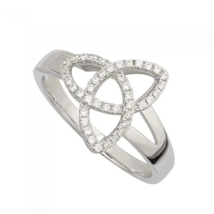 Ladies Rings with Grey Pollucite-Silver CZ Trinity Knot Ring