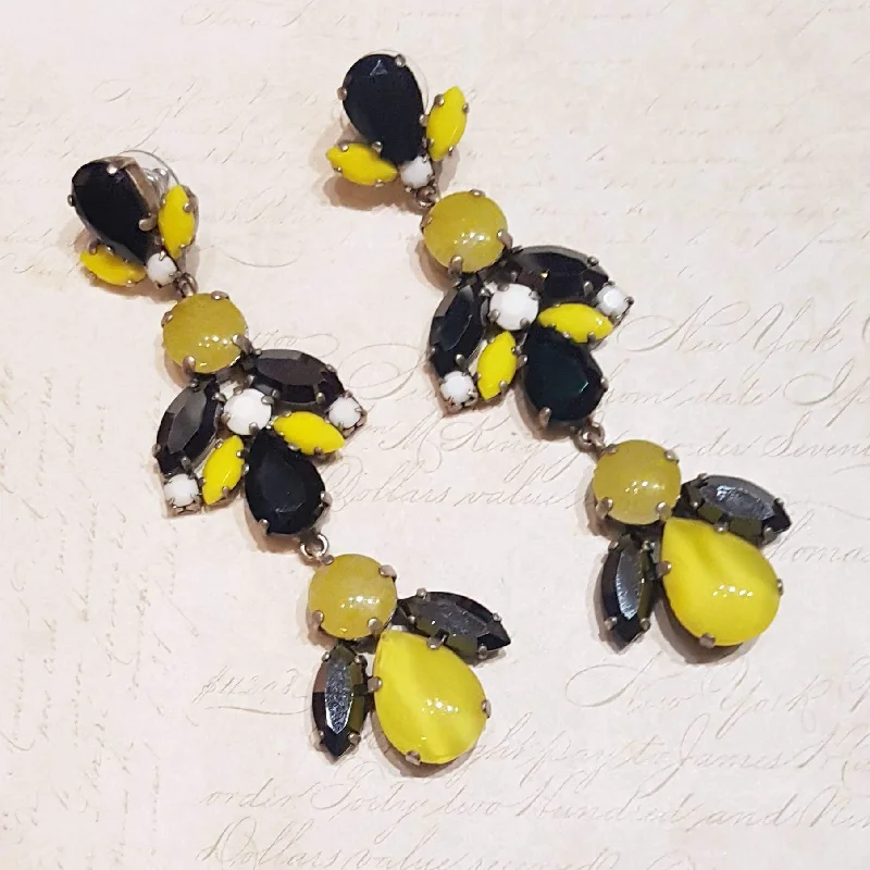 Ladies Earrings for Date Spark-Black Yellow White Glass and Crystal Chandelier Pierced Earrings by Frangos