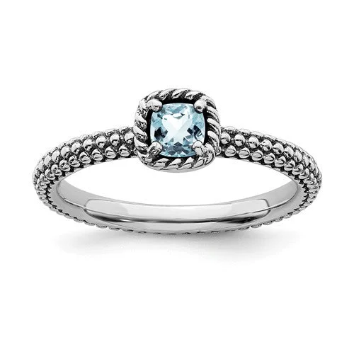 Ladies Rings for Hero Shine-Sterling Silver Stackable Expressions Checker-Cut Light Aquamarine Antiqued Ring