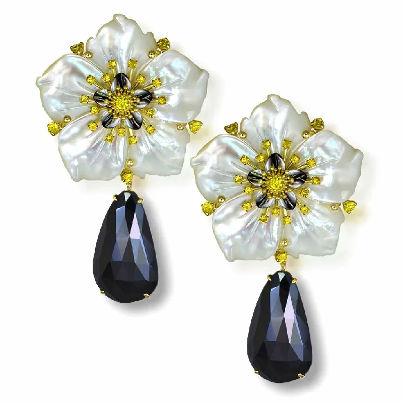 Ladies Earrings with Etched Glow-Gold Blossom Convertible Earrings with Carved Mother Of Pearl & Spinel