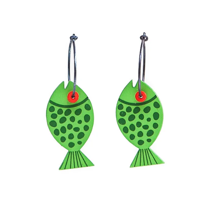 Ladies Earrings for Chef Shine-Lene Lundberg K Form Green Spotted Fish Earrings