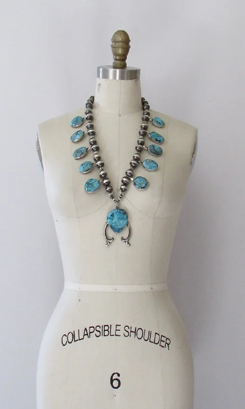 Uplifting flair necklaces -CHIMNEY BUTTE Navajo Silver and Turquoise Squash Blossom Necklace