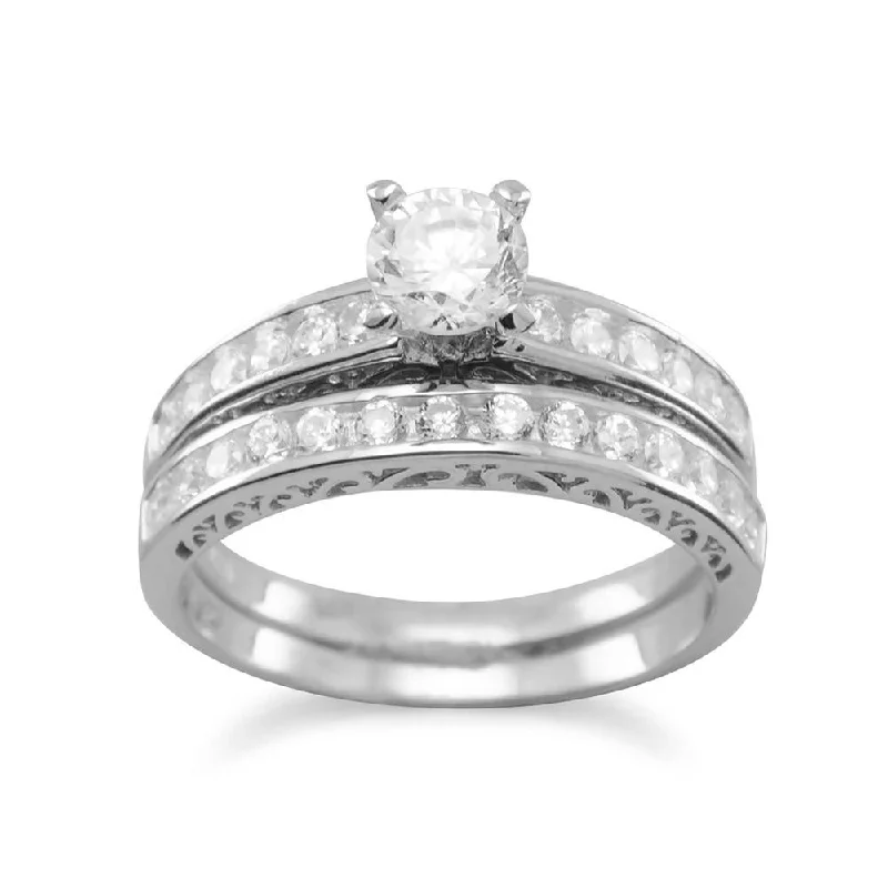 Ladies Engagement Rings Thin Shine-Sterling Silver CZ Engagement Ring and Wedding Band Set