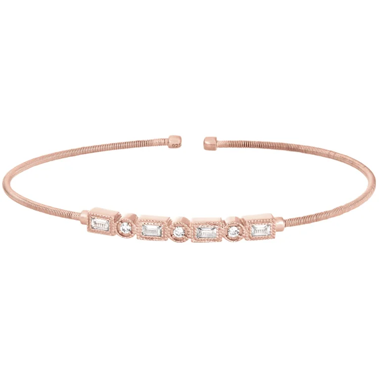 Ladies rural charm bracelets -Rose Gold Finish Sterling Silver Cable Cuff Bracelet with Simulated Diamond Emerald & Round Design