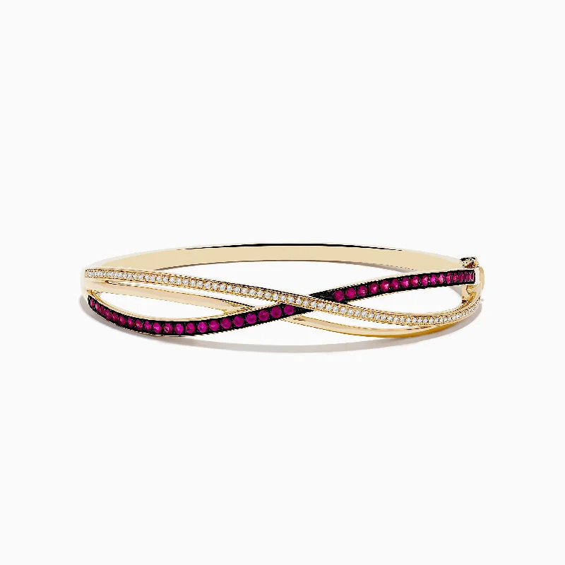 Ladies hushed calm bracelets -Ruby Royale 14K Yellow Gold Ruby and Diamond Crossover Bangle