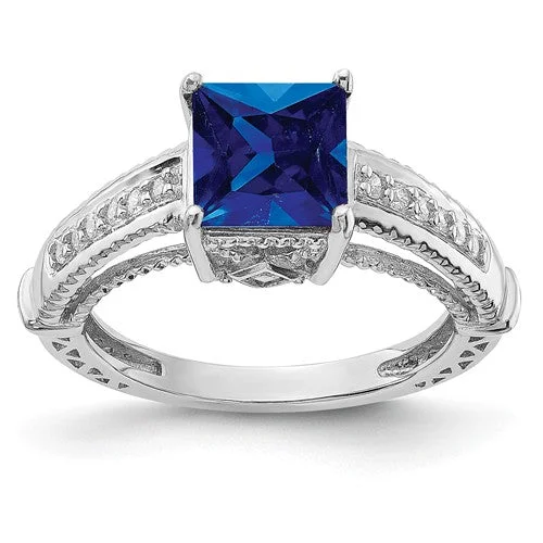 Ladies Rings with Crown Spark-Sterling Silver Lab-Created Blue Sapphire Square Princess & CZ Ring