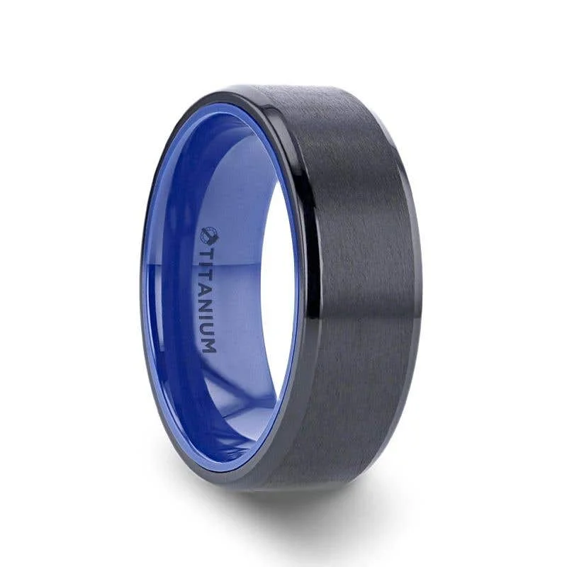 Ladies Rings with Crimson Zincite-Thorsten CASTOR Beveled Edges Black Titanium Ring with Brushed Center and Vibrant Blue Inside - 8mm