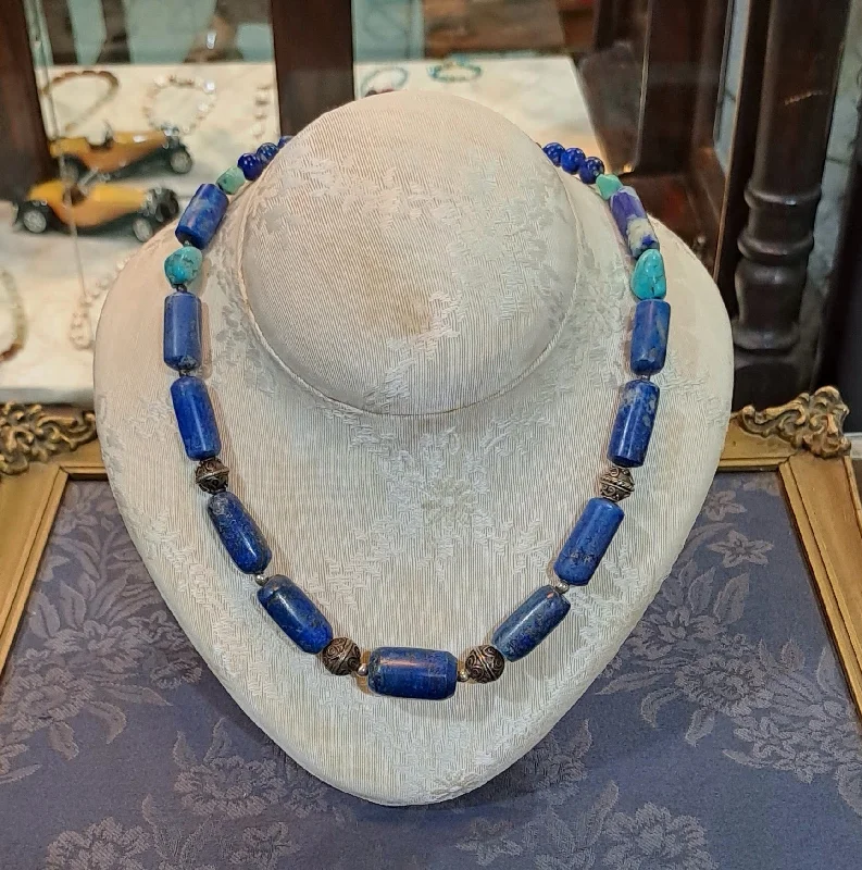 Textured leather necklaces -Necklace with old Lapis Lazuli & old Turquoise and sterling silver elements