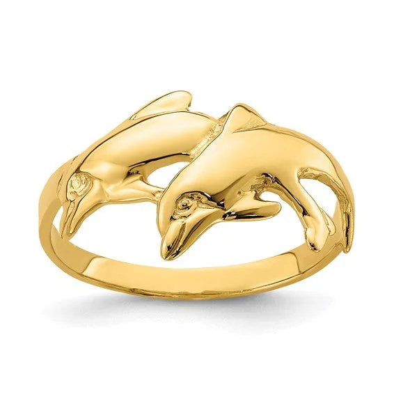 Ladies Rings for Travel Glow-14K Yellow Gold Double Dolphins Ring