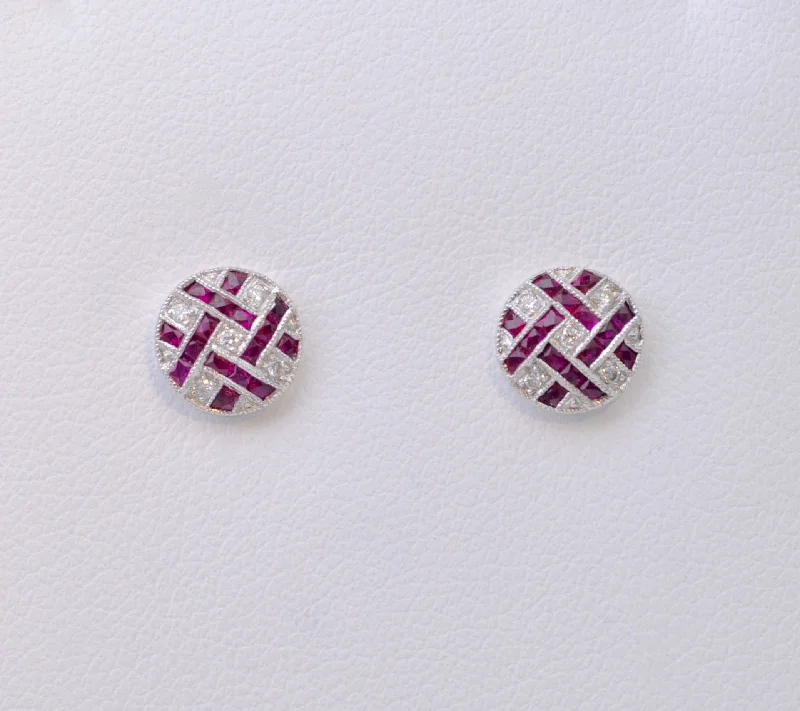 Ladies Earrings for Niece Spark-Ruby and Diamond Lattice Post Earrings in 18K White Gold