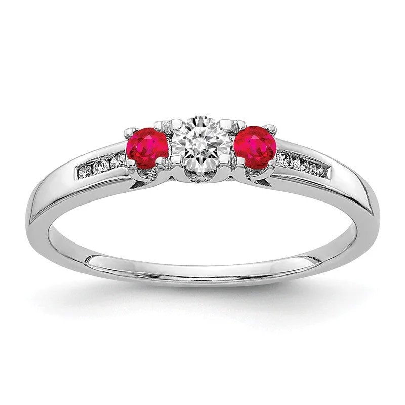 Ladies Rings with Green Clinozoisite-14k White Gold Diamond & Ruby 3-Stone Ring