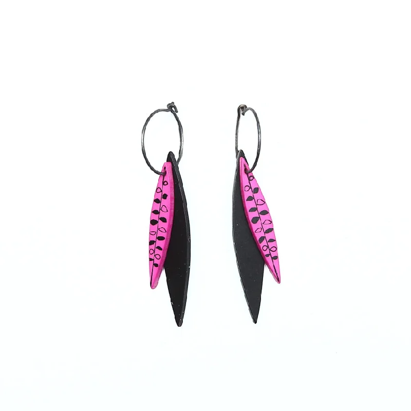 Ladies Earrings for Engineer Glow-Lene Lundberg Pink and Black Double Leaf  Earrings