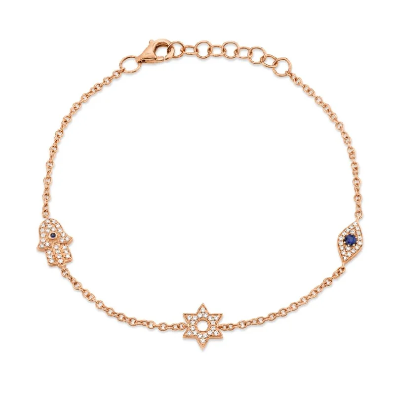 Ladies glass luster bracelets -14KT GOLD SAPPHIRE & DIAMOND HAMSA STAR EYE BRACELET