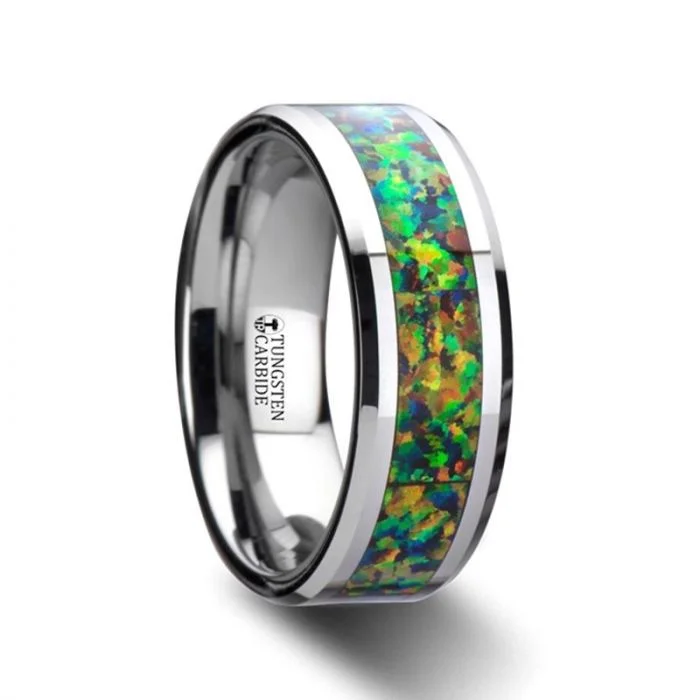 Ladies Rings with Bronze Enstatite-Thorsten ETHEREAL Tungsten Carbide Ring with Blue & Orange Opal Inlay - 8mm