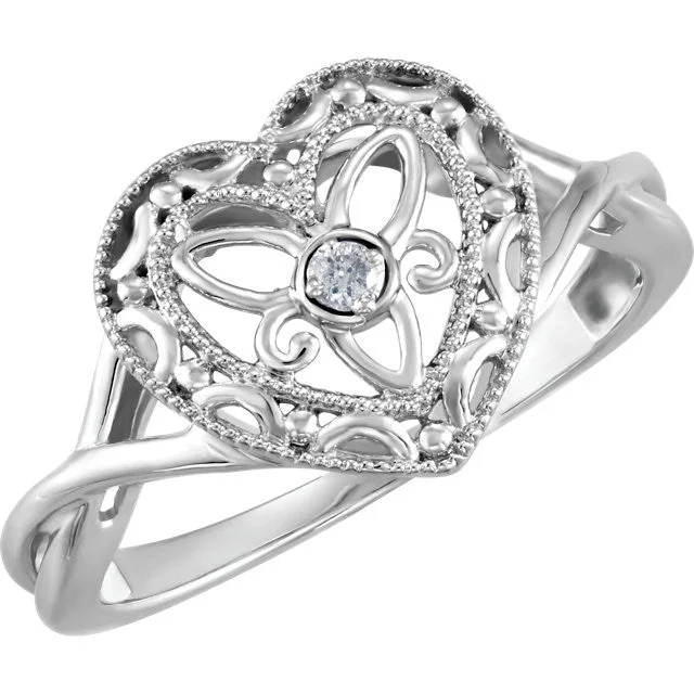 Ladies Rings in Warm Gold-Sterling Silver Genuine Diamond Heart Crossed Band Filigree Ring