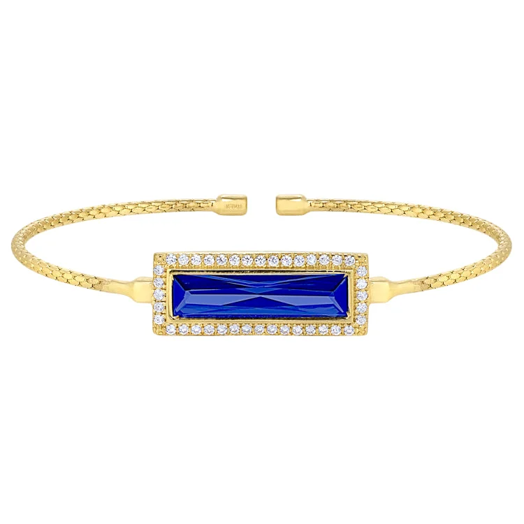 Ladies twinkling diamond bracelets -Gold Finish Sterling Silver Cable Cuff Bracelet with Rectangular Simulated Sapphire Stone and Simulated Diamonds