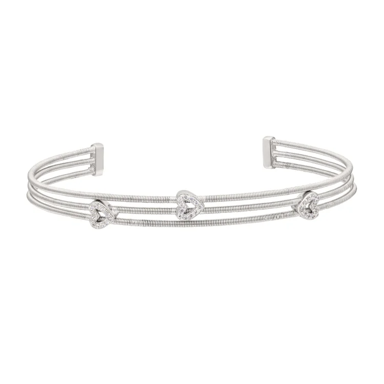 Ladies confident shine bracelets -Rhodium Finish Sterling Silver Three Cable Cuff Bracelet with Rhodium Finish Simulated Diamond Open Hearts