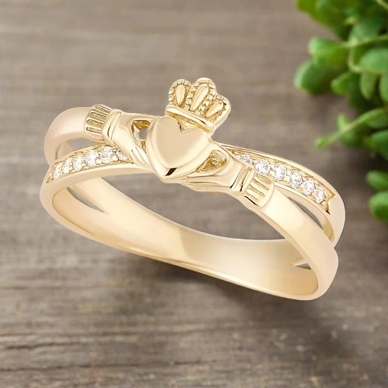 Ladies Rings for Office Spark-10K Gold CZ Claddagh Crossover Ring