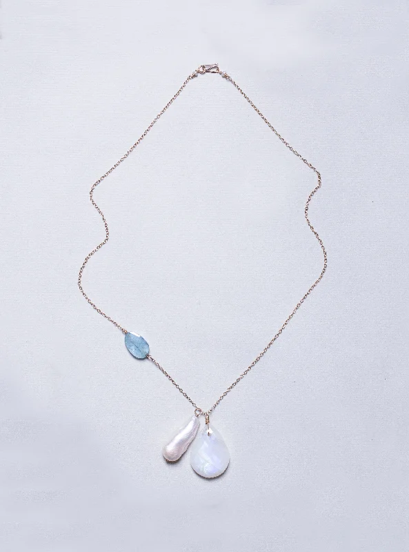 Gold Chain Necklace with Moonstone, Baroque Long Pearl and Aquamarine