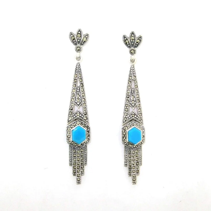 Ladies Earrings for Artist Spark-Art Deco Earrings Blue Turquoise Silver Marcasite