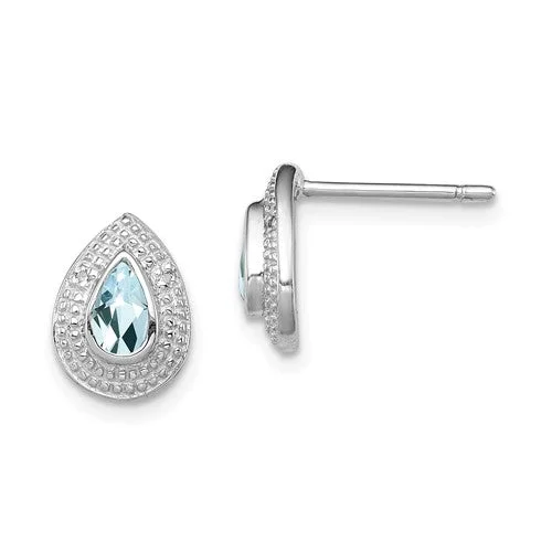 Ladies Earrings Curved Spark-Sterling Silver Pear Aquamarine & Diamond Accented Post Earrings