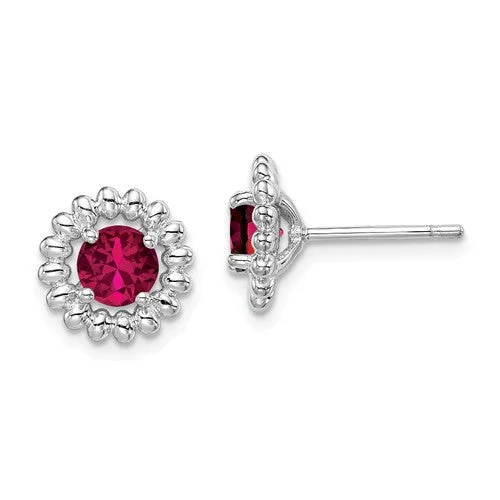 Ladies Earrings for Love Spark-Sterling Silver Created Ruby Round Earrings