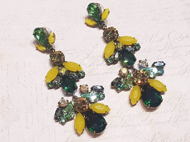 Ladies Earrings for Doctor Shine-Green Yellow Statement Earrings Swarovski Crystal Chandelier Pierced by Frangos