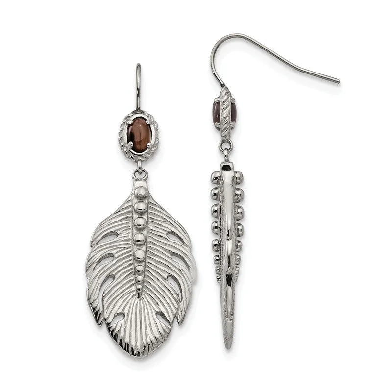 Ladies Earrings Handcrafted Shine-Stainless Steel Smoky Quartz Feather Earrings