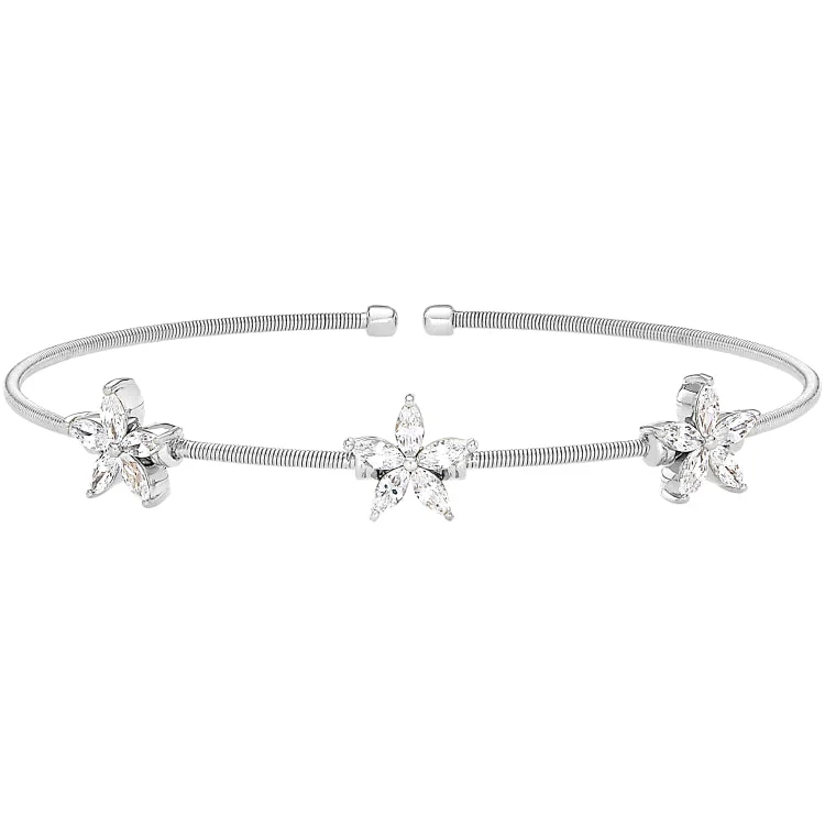 Ladies weathered patina bracelets -Rhodium Finish Sterling Silver Cable Cuff Bracelet with Simulated Diamond Flowers