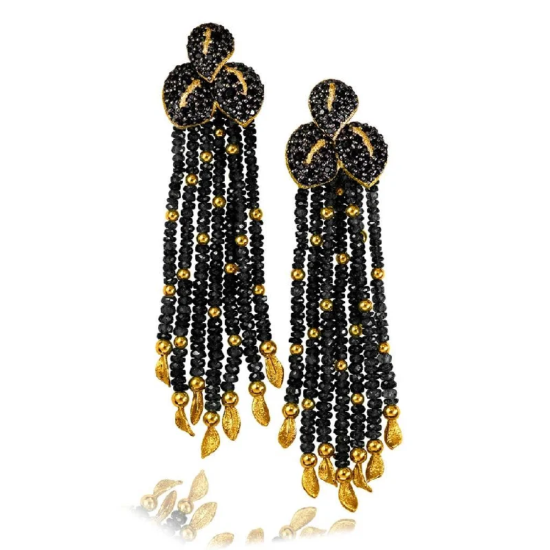 Ladies Earrings Sterling Shine-Gold Sunflower Leaf Tassel Earrings With Black Spinel