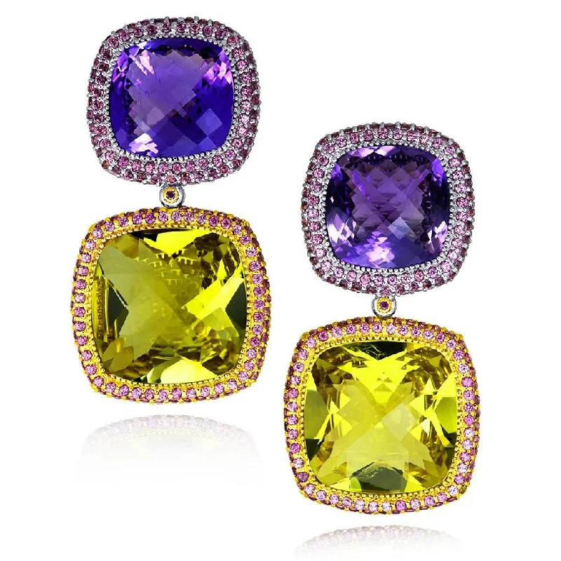 Ladies Earrings Classic Glow-Gold Royal Drop Earrings with Amethyst & Lemon Citrine