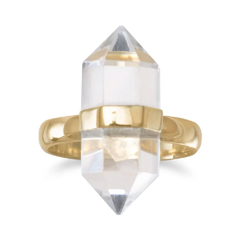 Ladies Rings with Crystal Spark-Sterling Silver 14k Gold Plated Clear Quartz Spike Pencil Cut Ring