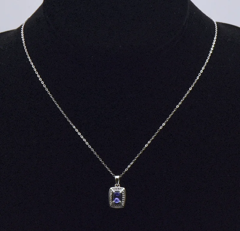 Team spirit necklaces -Vintage Tanzanite and Diamond Sterling Silver Pendant Necklace NOS - 17.5"