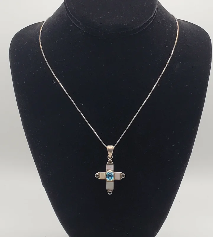 Spirited boho necklaces -Blue Topaz, Mother of Pearl, Enamel Cross Pendant on Sterling Silver Chain Necklace - 18"