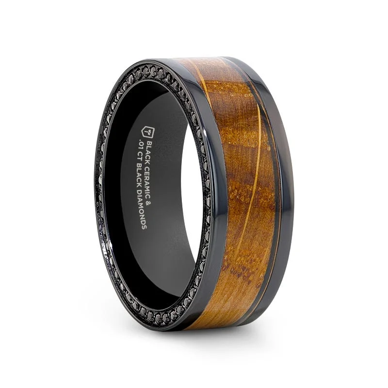 Ladies Rings Budget Glow-Thorsten BOURBON Black Zirconium Ring with Whiskey Barrel Wood Inlay and Black Sapphires - 8mm