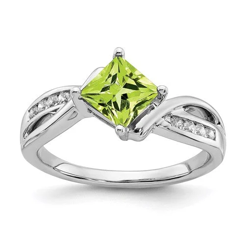 Ladies Rings Fresh Shine-14k White Gold Peridot Square and Diamond Ring