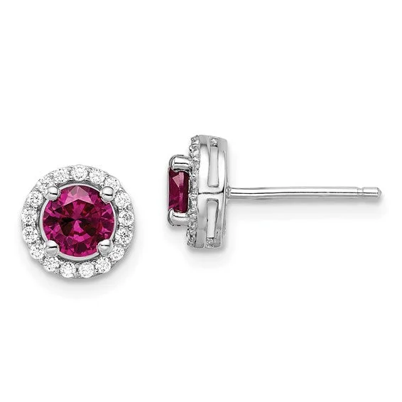 Ladies Earrings Light Spark-Sterling Silver White CZ & Created Ruby Brilliant Embers Halo Earrings