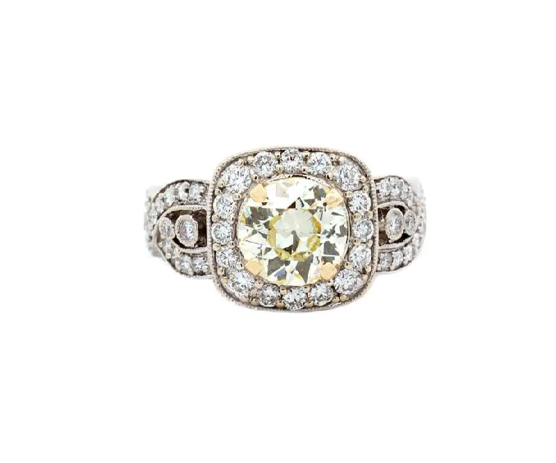 Ladies Engagement Rings Tree Glow-1.36ct Transition Cut Yellow Diamond & 0.65ctw Dia Vintage Engagement Ring 18K