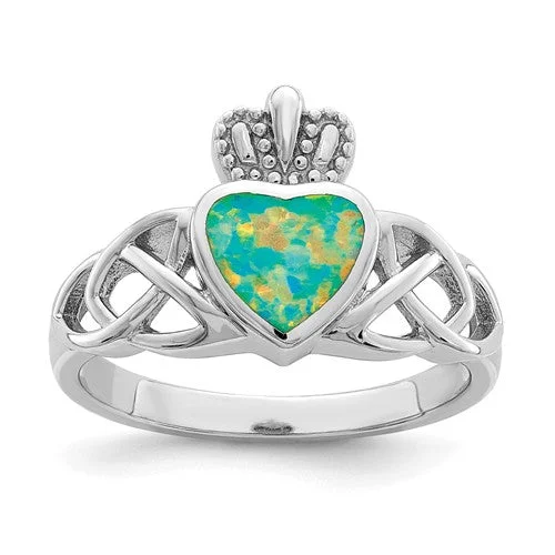 Ladies Rings with Compass Spark-Sterling Silver Lab Created Opal Heart Crown Claddagh Ring