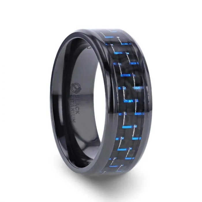 Ladies Rings Classic Shine-Thorsten ZAYDEN Black Titanium Ring with Blue & Black Carbon Fiber Inlay and Bevels - 8mm