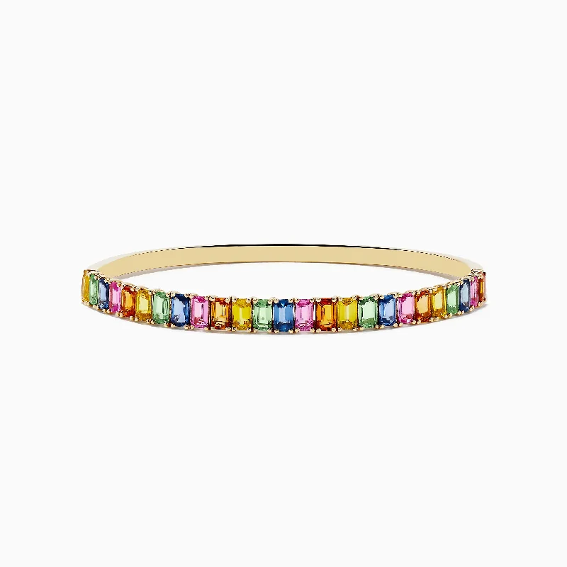 Ladies luxe platinum bracelets -Watercolor 14k Yellow Gold Emerald Cut Multi Sapphire Bangle